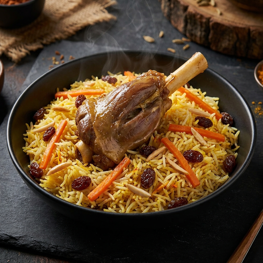 Qabli Pulao with lamb shank, basmati rice, carrots, raisins, and almonds